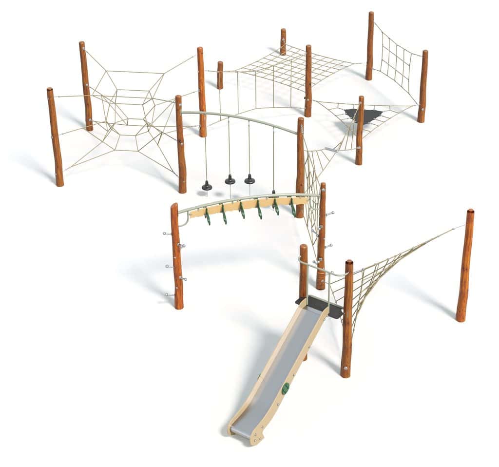 Colorful outdoor playground equipment with climbing nets, bridge, slide, and swings for kids' active play and adventure. Designed for safety, fun, and outdoor recreation.
