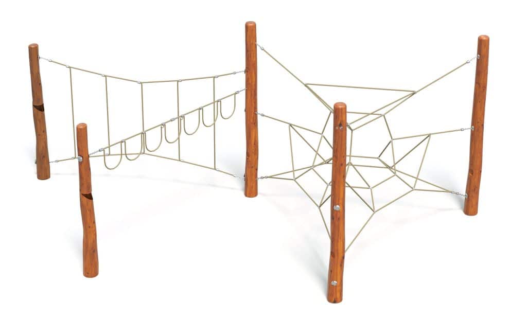 Bright outdoor playground climbing web structure with wooden posts, ideal for kids' recreational play area, durable and safe for children.