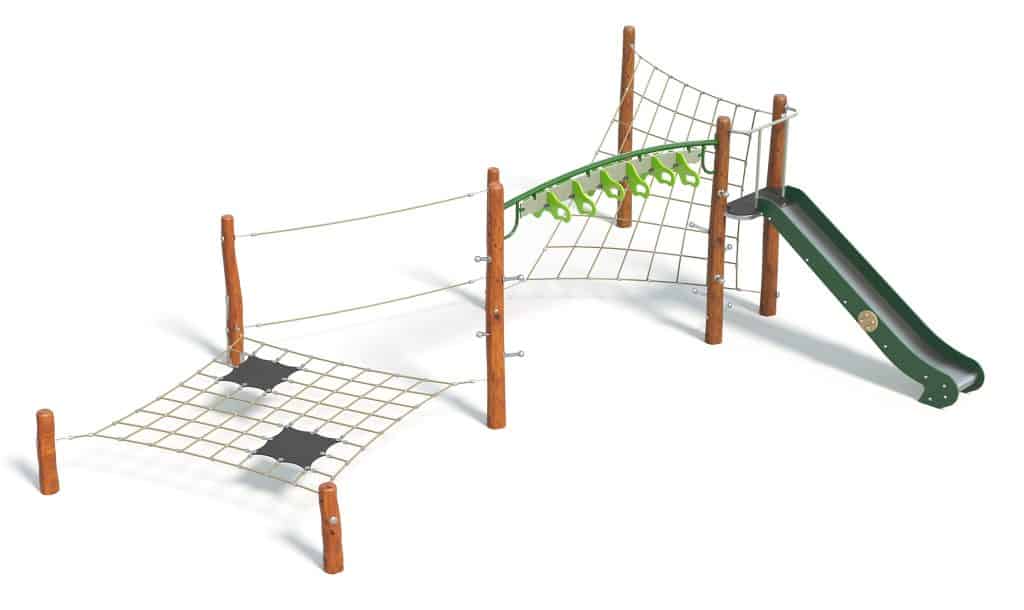Bright outdoor playground climbing structure with slide, rope bridges, and obstacle course for kids' active play and physical development.