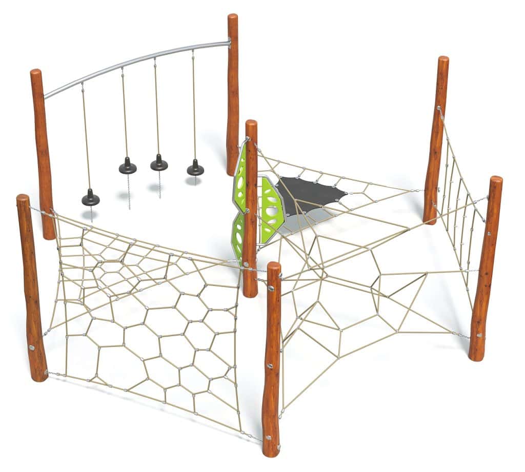Bright outdoor playground equipment with climbing nets and swings, suitable for kids' recreational and physical activity. Durable construction with wooden posts and safety features for children’s outdoor play.