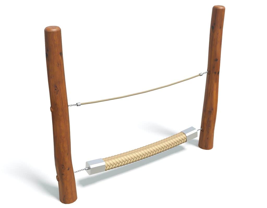 Vintage wooden playground swing with knotted rope seat and safety chains, ideal for outdoor kids' play areas, parks, and playgrounds for children’s recreation and physical activity.