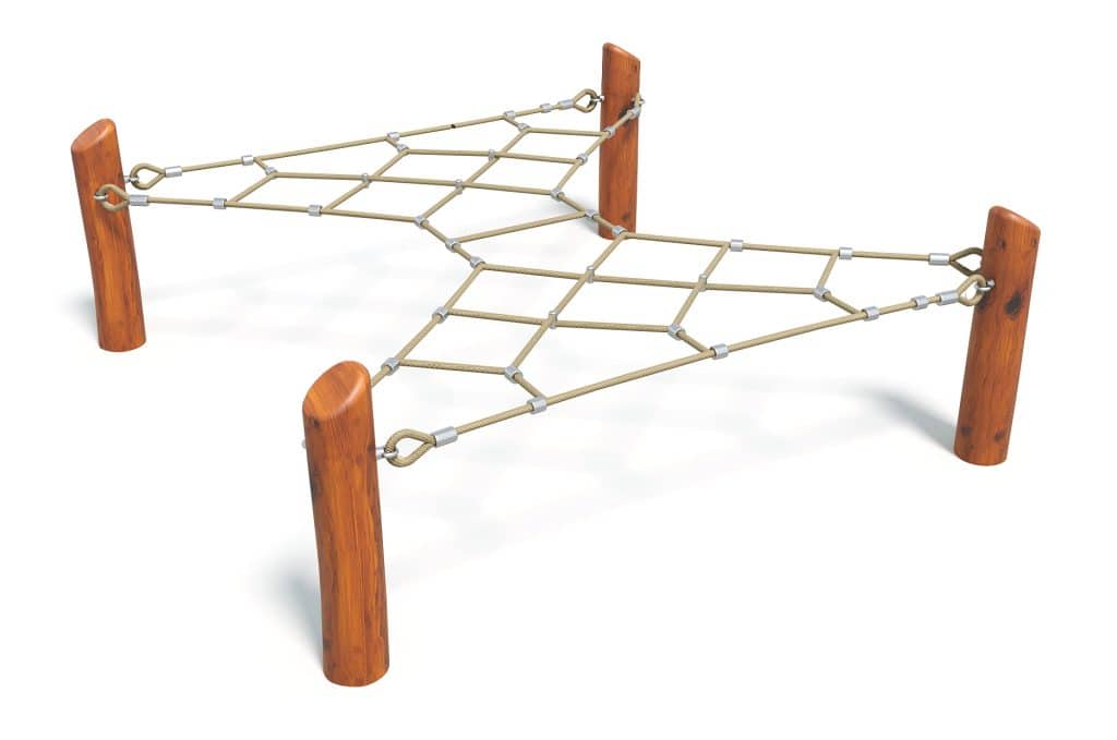 Climbing net playground equipment with wooden support posts for children’s outdoor play and physical activity. Ideal for schoolyards, parks, and recreational areas promoting active fun.