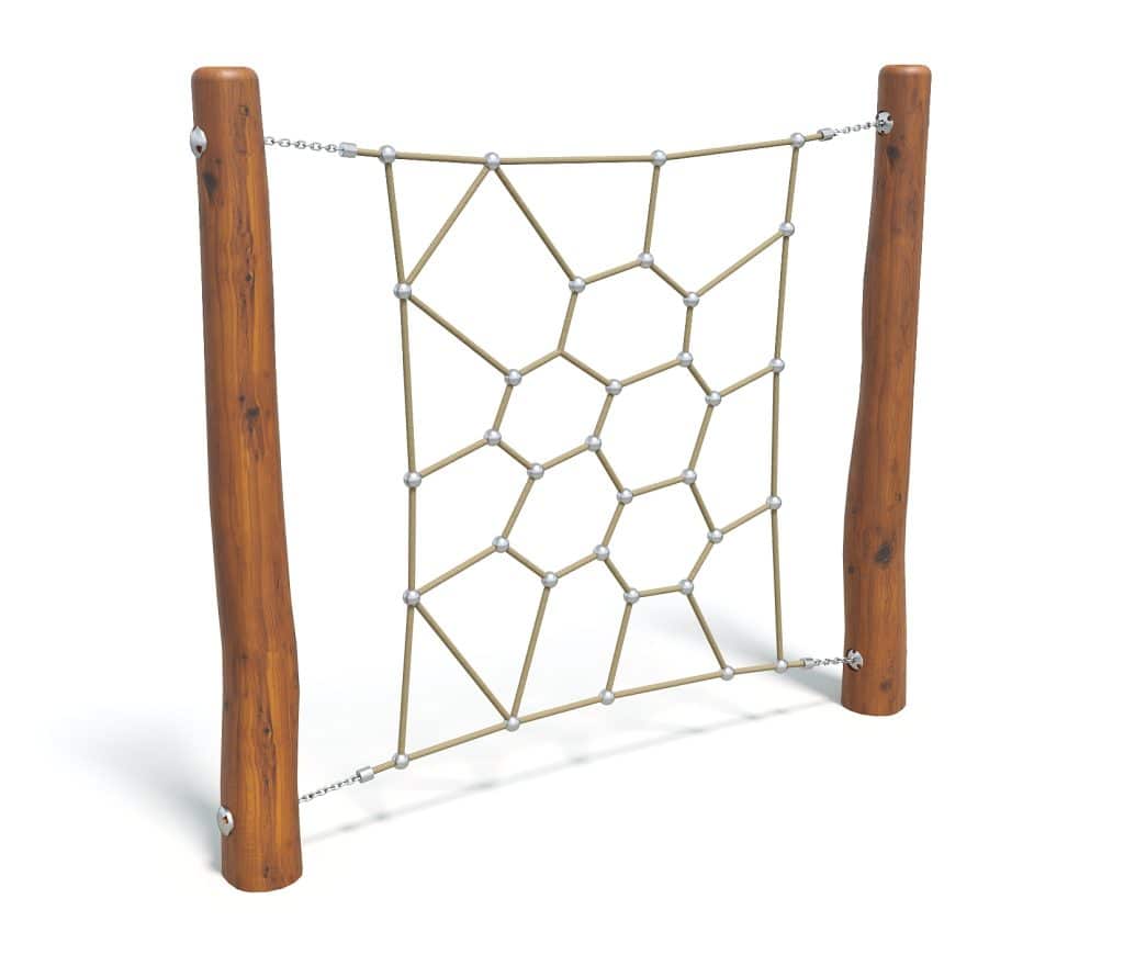 Climbing net with wooden posts for playgrounds, outdoor fitness, and kids' activities, made of durable ropes and sturdy wood, promoting physical activity and coordination.