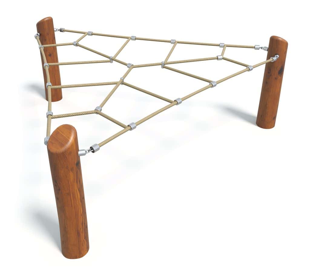 Rope climbing play structure with wooden posts, outdoor playground equipment for kids, durable and safe jungle gym for recreational play, ideal for school or park playgrounds.