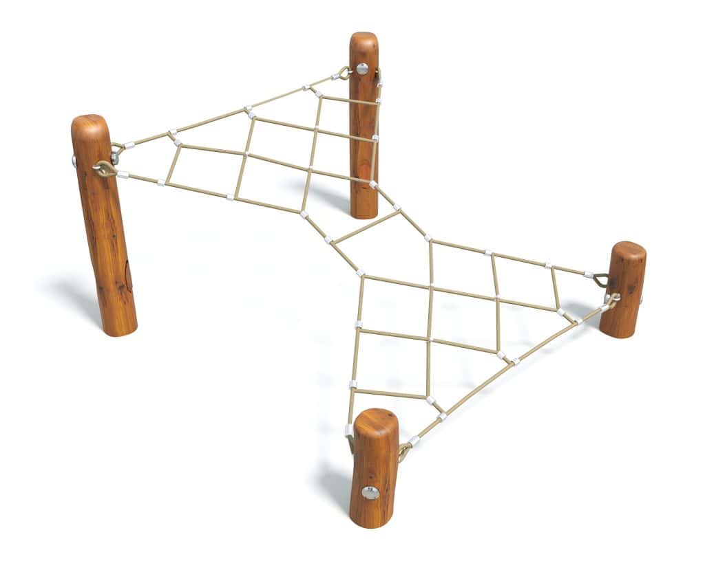 Rope climbing net with wooden posts, outdoor playground equipment for kids, durable jungle gym activity for physical exercise and coordination development.