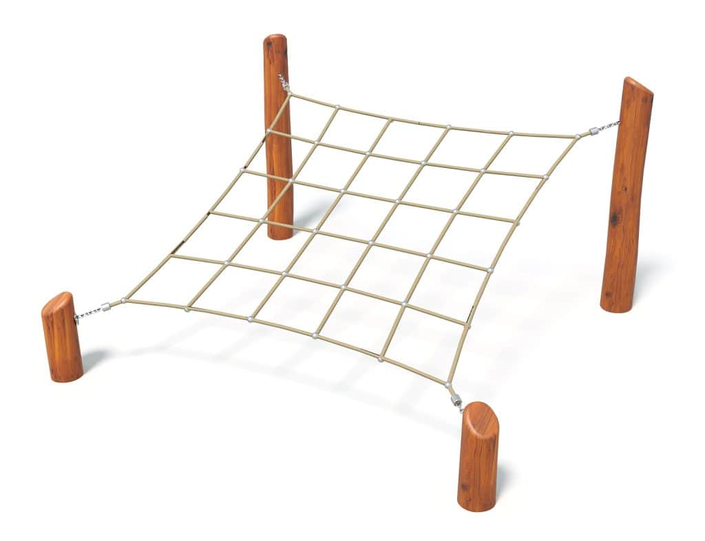 Modern playground climbing frame with wooden posts and rope ladder for children's outdoor play and physical activity. Durable and safe for kids' use.