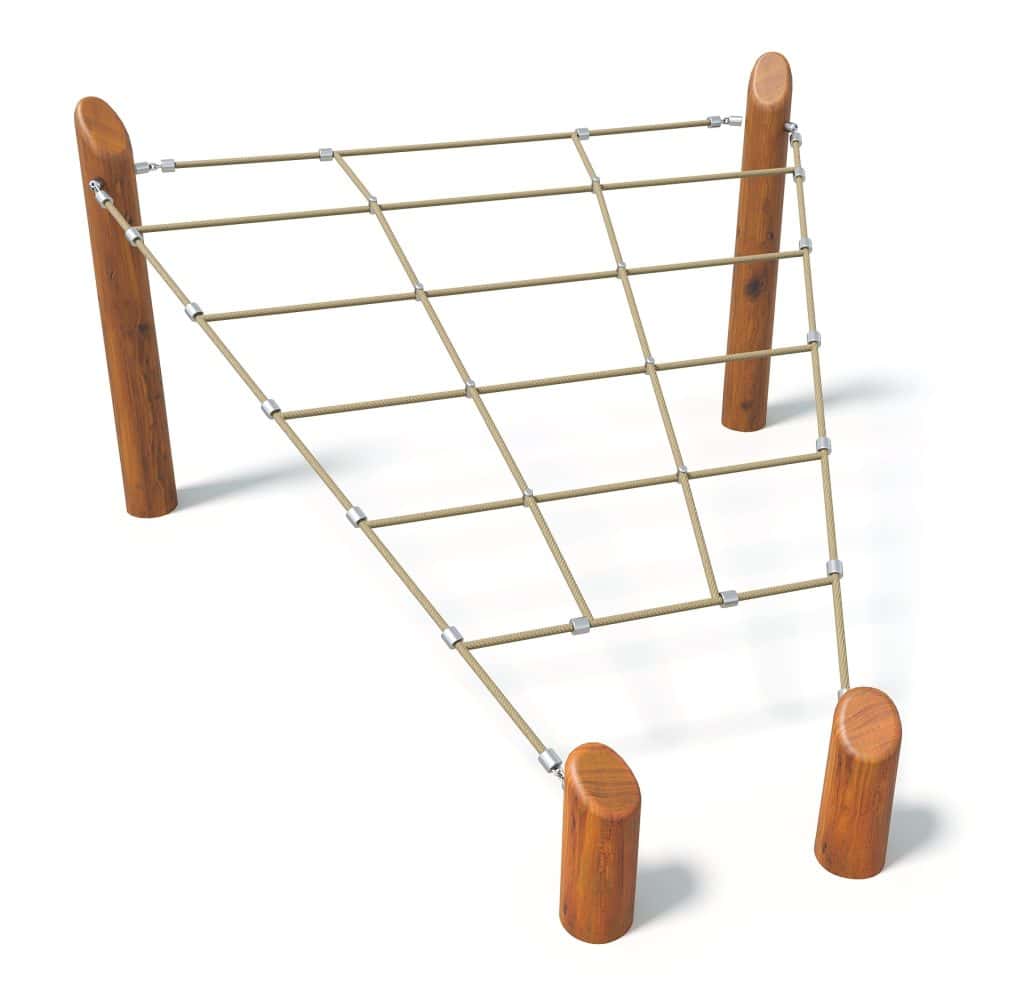 Rope climbing net with wooden poles for children's outdoor play, durable safety gear for playgrounds, and adventure activities.