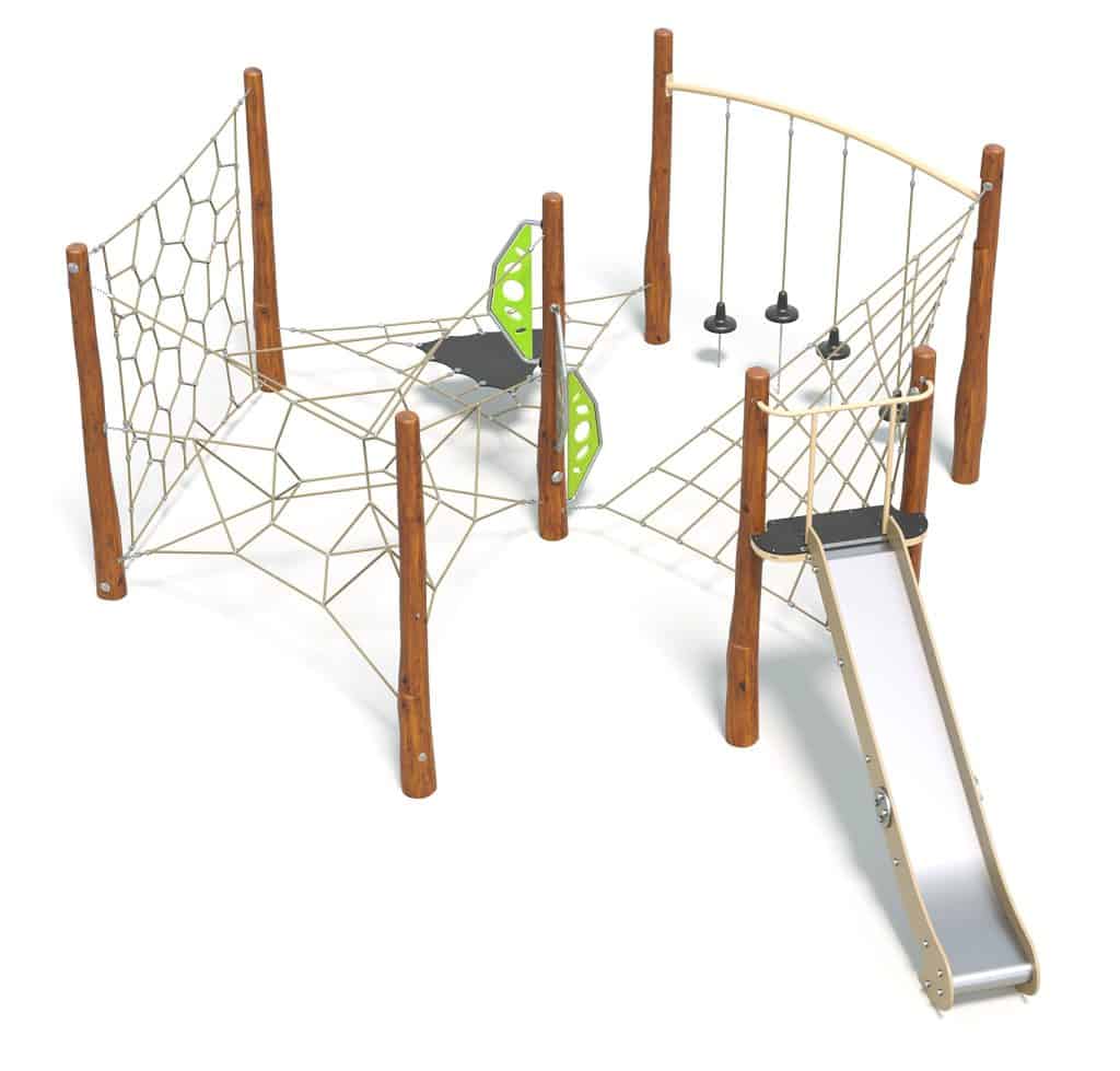 Climbing playground structure with rope nets, slide, and swings, designed for outdoor kids' play area, wooden posts, and safety features.