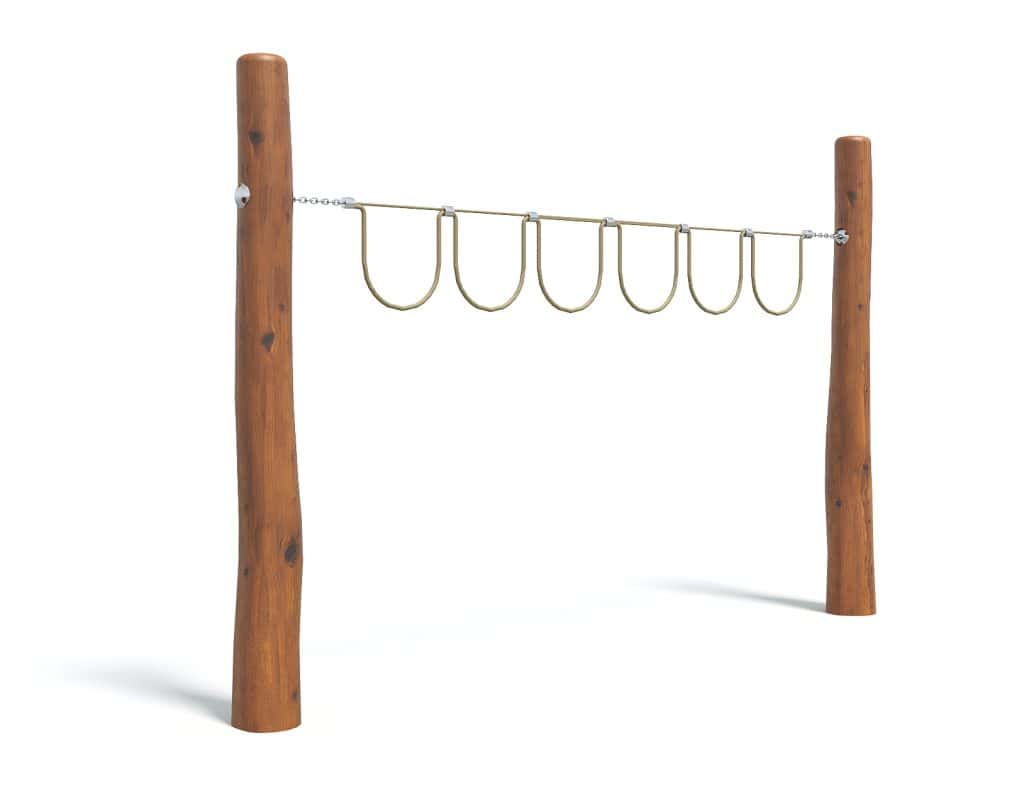 Rustic wooden outdoor gym equipment with climbing rings for functional fitness and strength training. Durable logs and sturdy metal hardware ideal for backyard fitness setups.