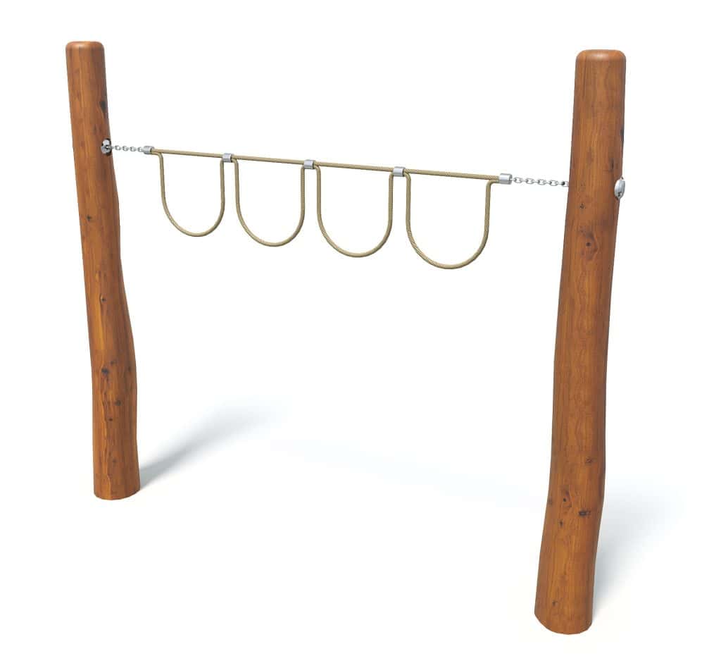 Playground climbing and gym equipment with wooden posts and metal chains for children to climb and develop motor skills. Ideal for outdoor parks and play areas.