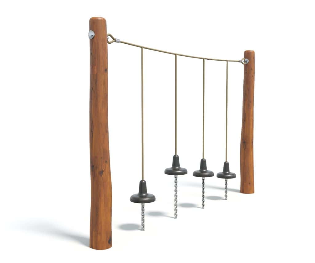 Climbing and playground equipment with wooden posts and hanging black rubber discs for children’s outdoor play and physical activity.