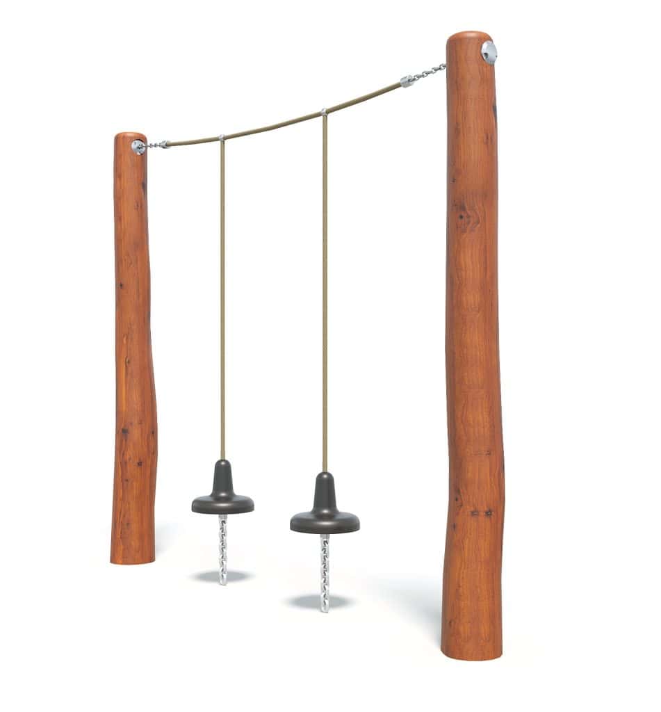 Sturdy wooden swing set with two swings, ideal for outdoor playgrounds, play areas, and backyard entertainment, made of durable timber with safety features for children.