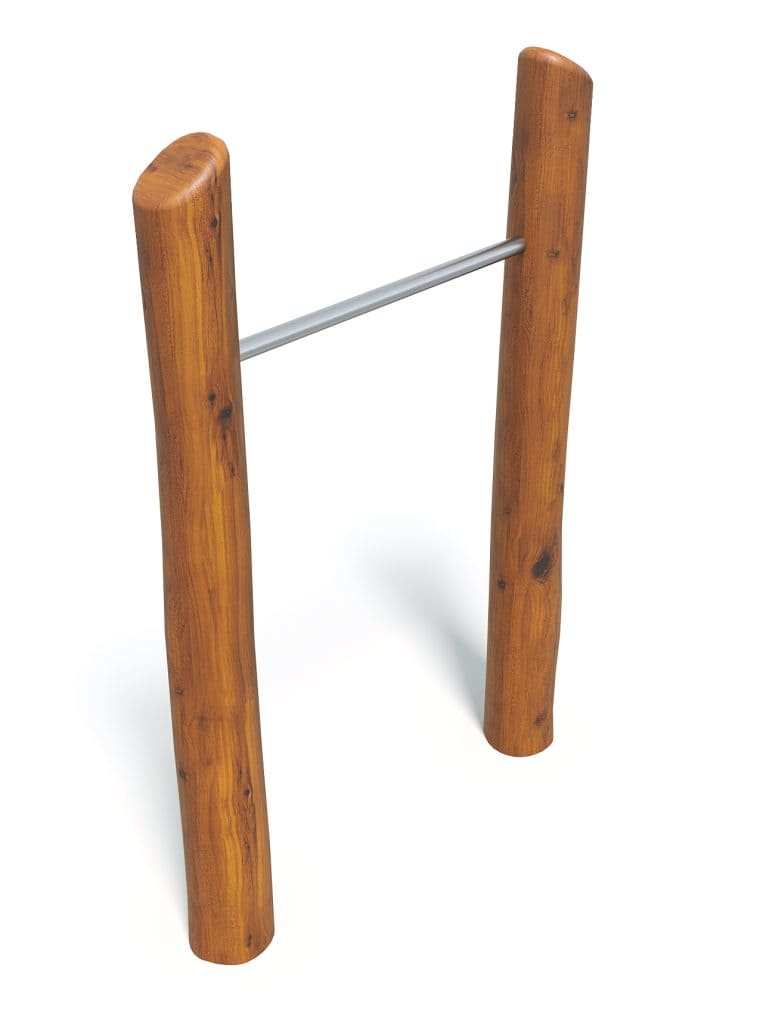 Wooden gym equipment stand for fitness training and exercise routines, sturdy construction with natural wood finish and metal support crossbar for stability and durability.