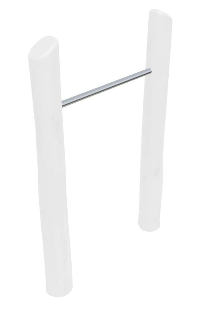 Black & White photo of a white partition with a metal bar for barrier or guardrail, suitable for safety or crowd control applications at DG Play.