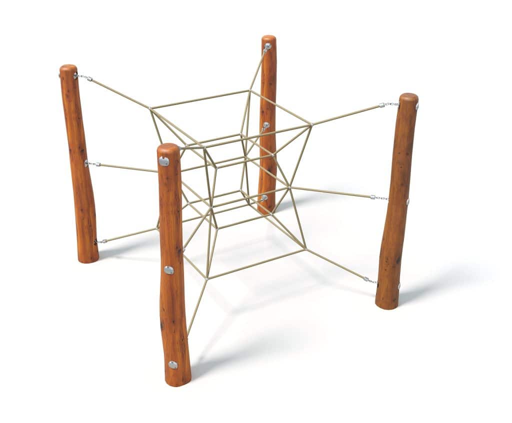 Vine climbing frame for kids outdoor playground equipment with wooden supports and rope web structure focusing on children's play and playground safety.