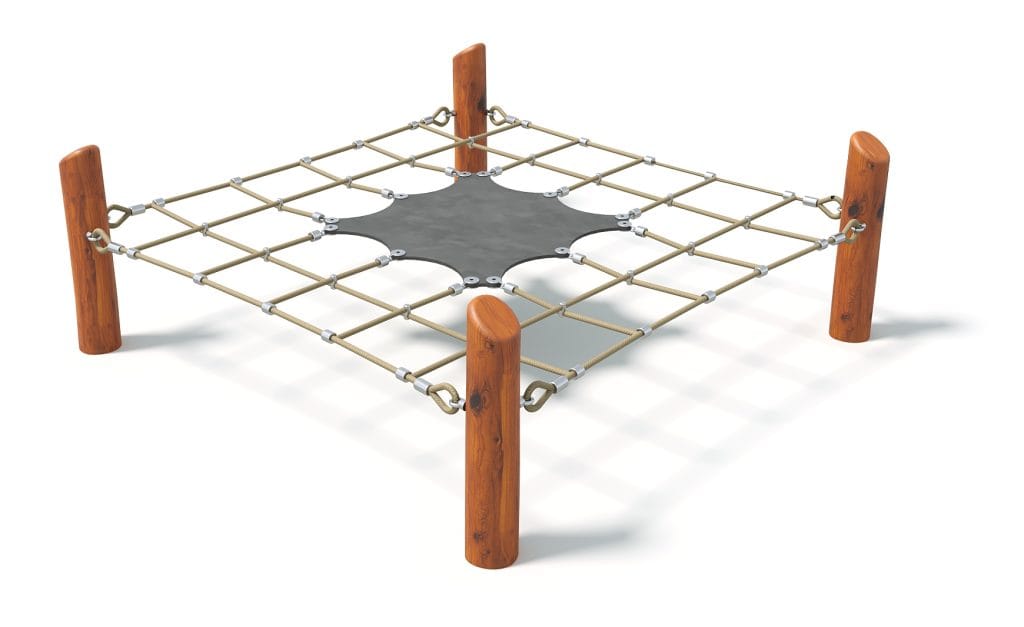 Robust playground climbing structure with wooden support poles and a central black safety mat, ideal for children's outdoor play and physical activity.