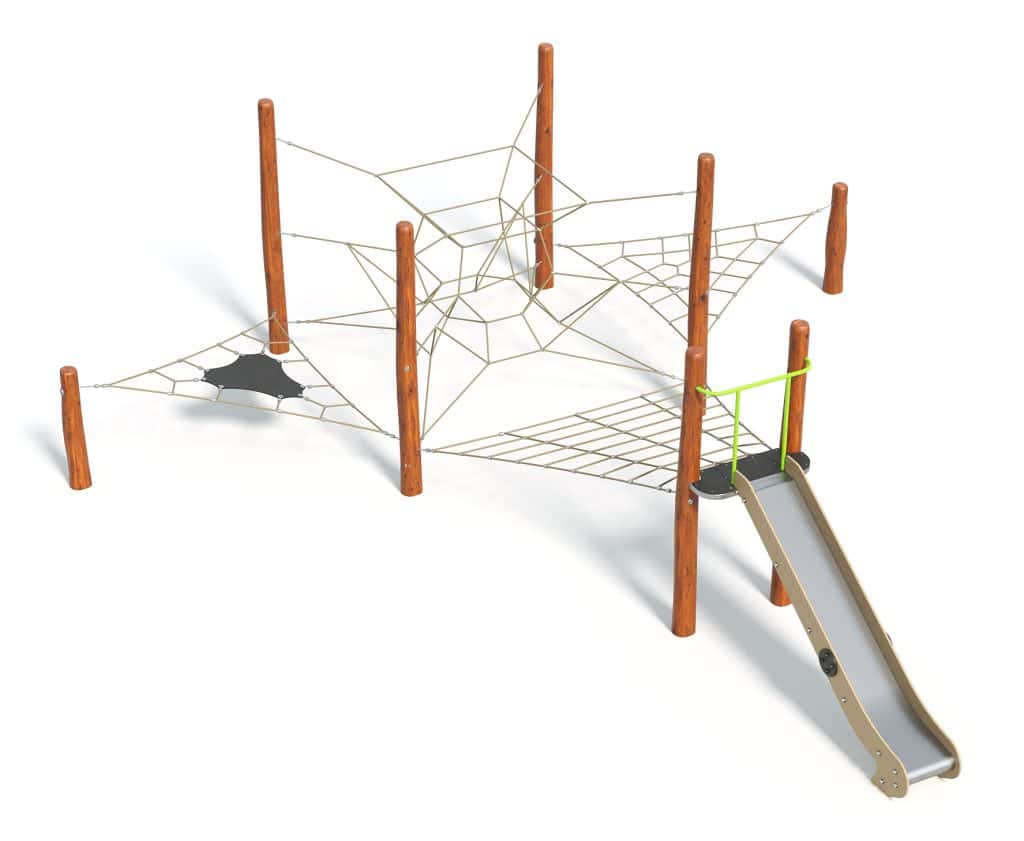 Vibrant outdoor playground climbing structure with ropes and slide for kids' active play and physical development.