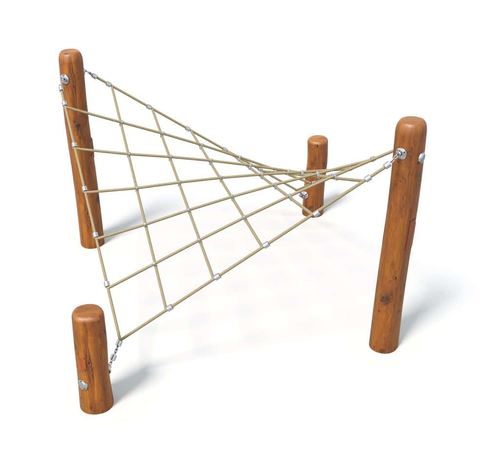 Playground climbing net with sturdy wooden posts and durable rope for children's outdoor activities, promoting physical activity and adventure.