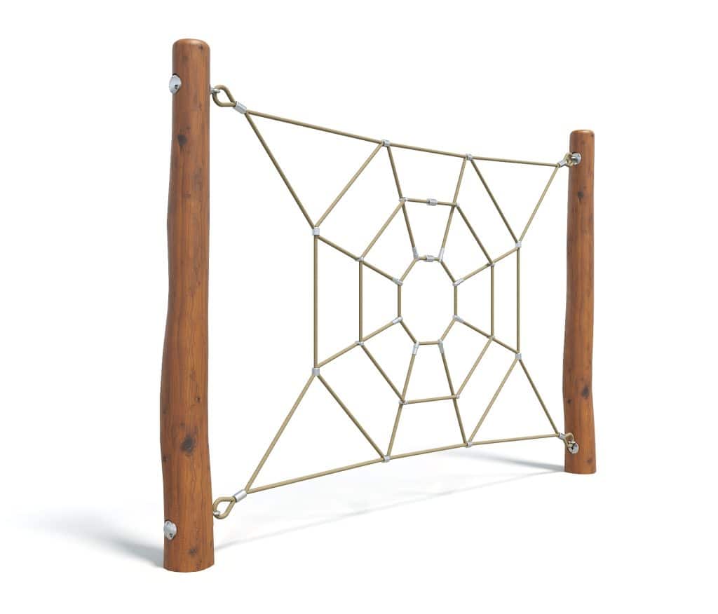 Sturdy children's playground spider web climbing frame with wooden posts and rope net for outdoor fun and physical activity. Perfect for schoolyards and play areas.