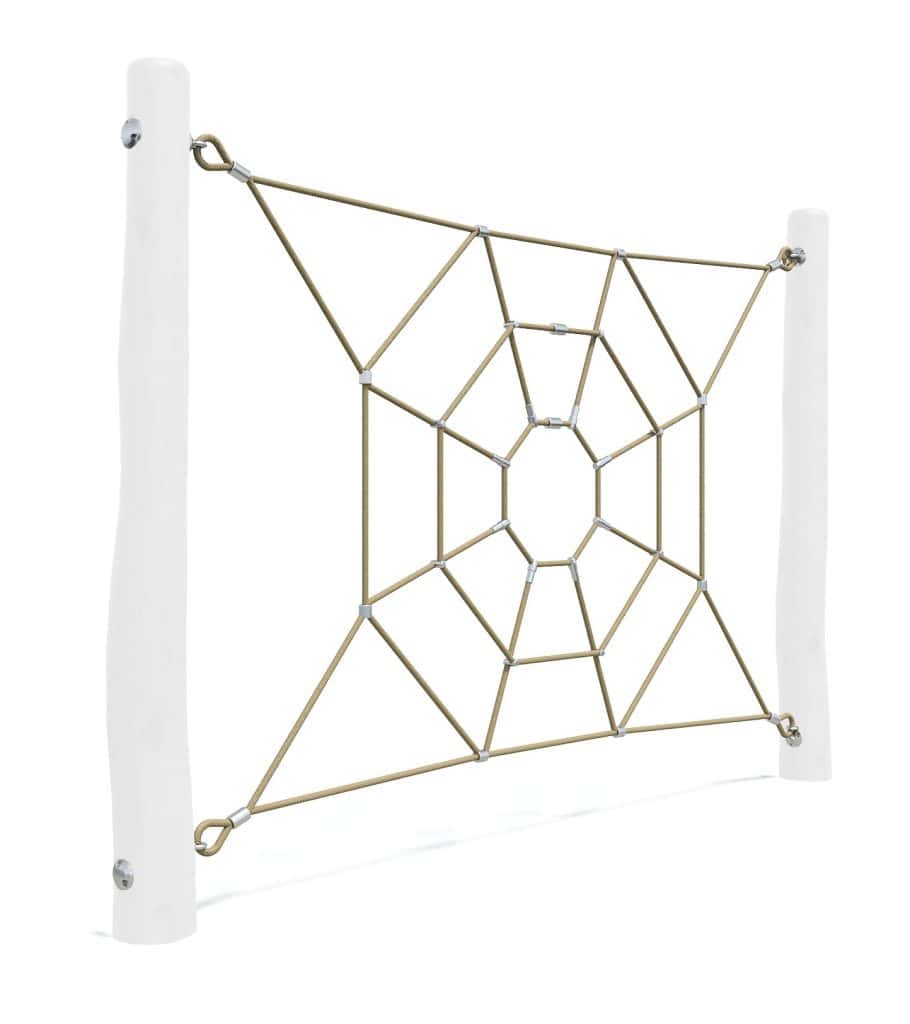 Intricate beige spider web climbing structure with safety white posts, perfect for children’s outdoor play and development.