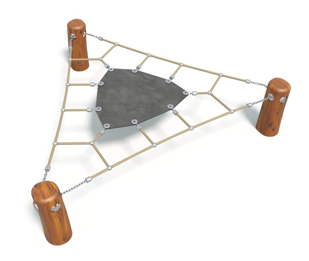 Gray playground climbing net with wooden posts and chain links for outdoor play and children's adventure activities.
