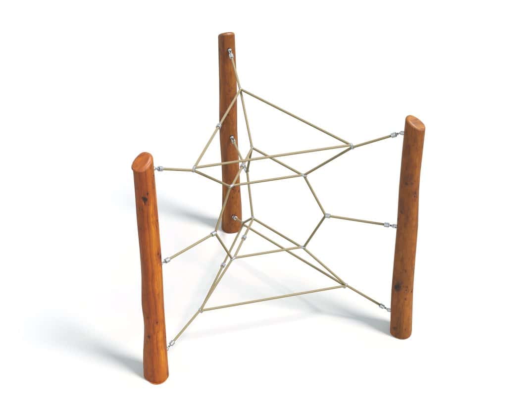 Natural wood playground climbing spider web for kids, durable and safe play equipment for outdoor family fun and physical activity.