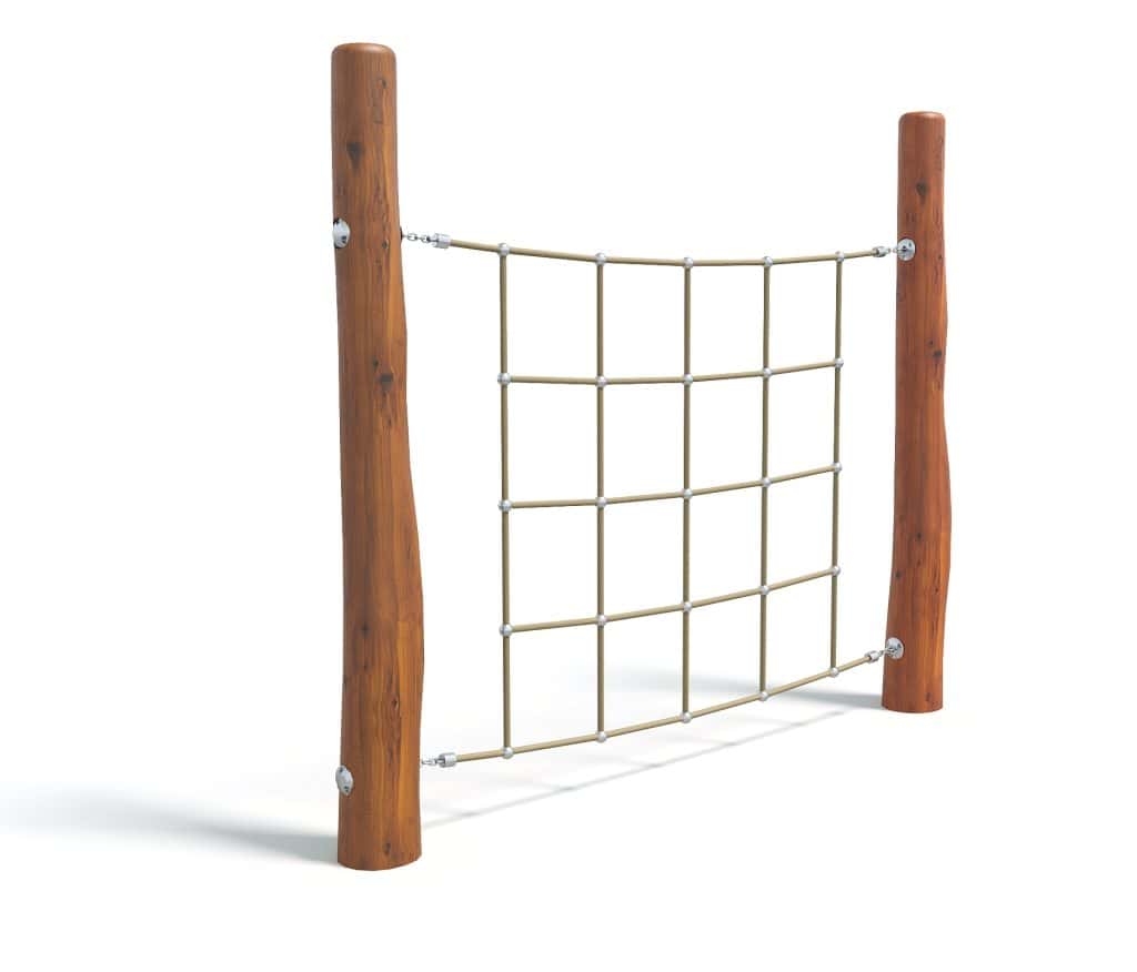 Rustic wooden playground climbing net for kids, durable outdoor sports and exercise equipment, ideal for parks and backyards, promotes active play and physical fitness.