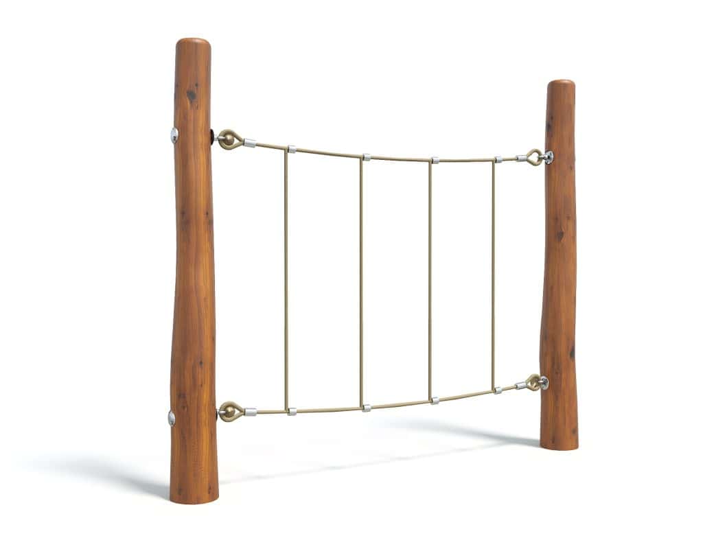 Rope climbing obstacle on wooden posts for playgrounds and outdoor fitness equipment, durable natural wood and cable design.