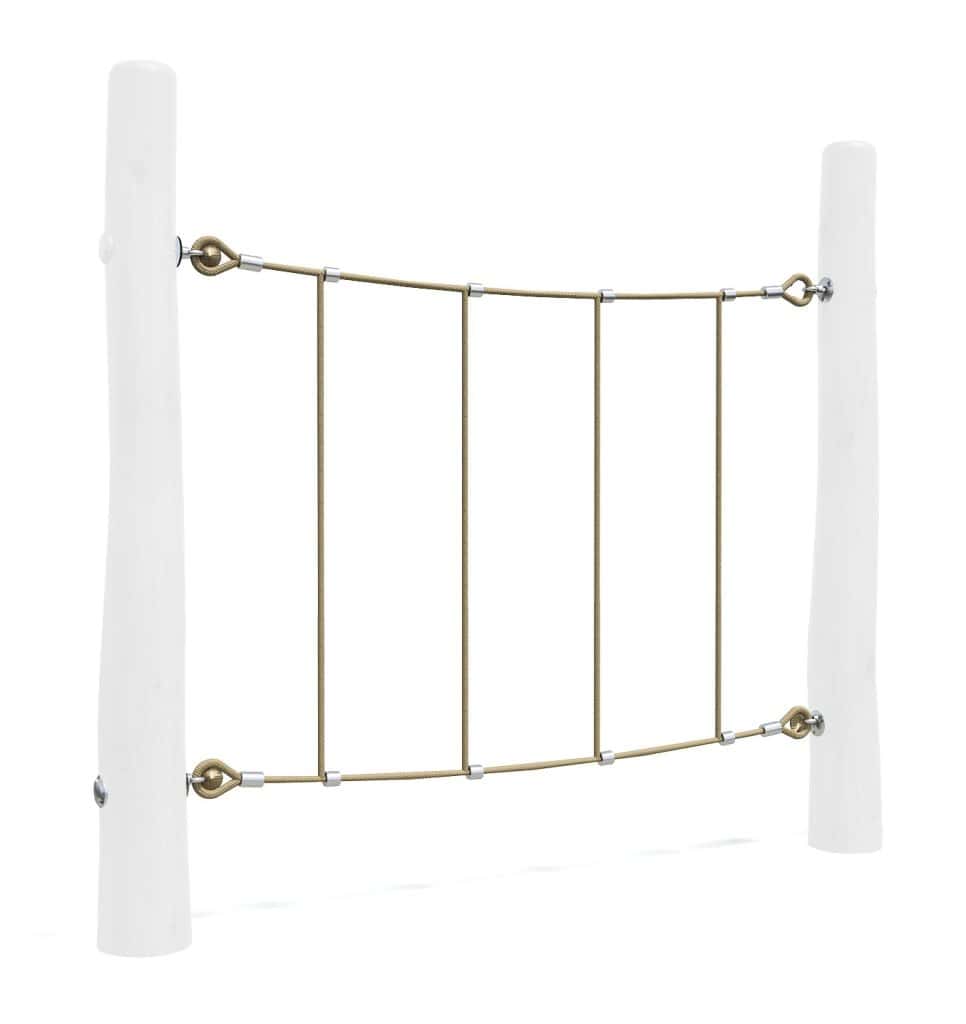 Resilient playground climbing net with sturdy white posts, ideal for children's outdoor play and physical activity, promoting strength and coordination.
