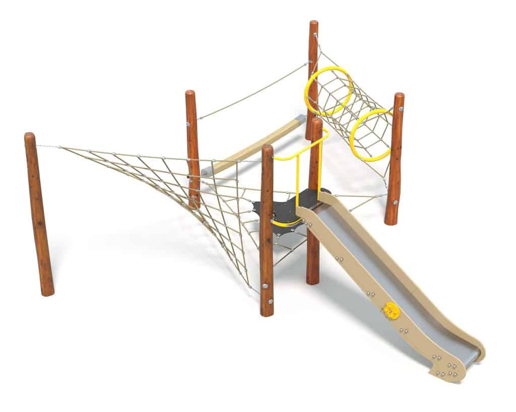 Bright wooden playground climbing structure with slide, rope bridge, and tunnel for children's outdoor active play and development.