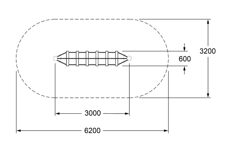 Mobile tensile testing machine diagram with detailed measurements and specifications for structural testing and engineering applications.