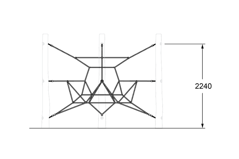 Climbing playground equipment structure with safety measurements, ideal for children's outdoor adventure activities.