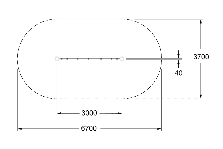 Oval-shaped playground with measurement details, ideal for outdoor play areas and recreational spaces. Perfect for designing community parks, schoolyards, and sports facilities.