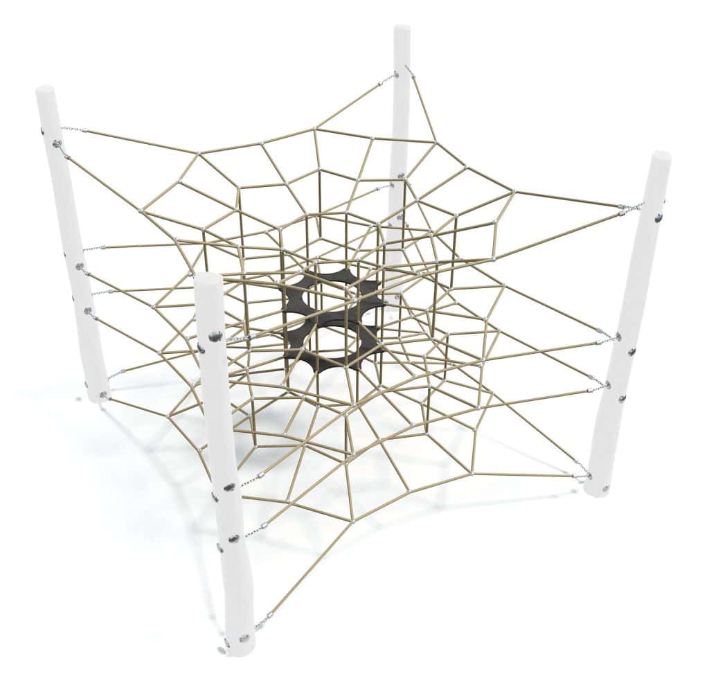 Intricate spider web-inspired playground climbing structure with sturdy white poles and metallic web elements for kids' adventure and play.