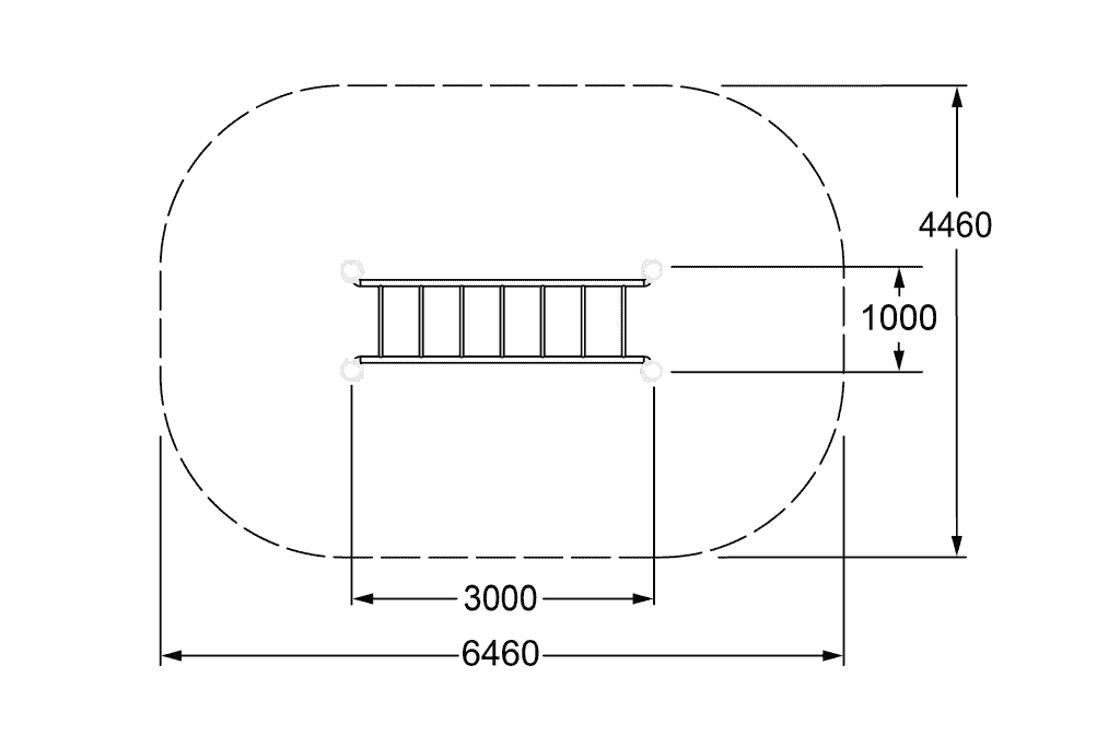Fenced playground layout with safety barriers and dimensions for children's outdoor play areas.