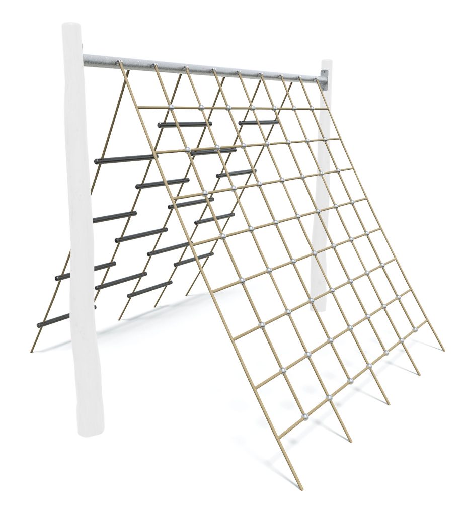 Climbing frame for children, outdoor kids play equipment with rope and wood ladder, durable playground climbing structure for backyard or park play.