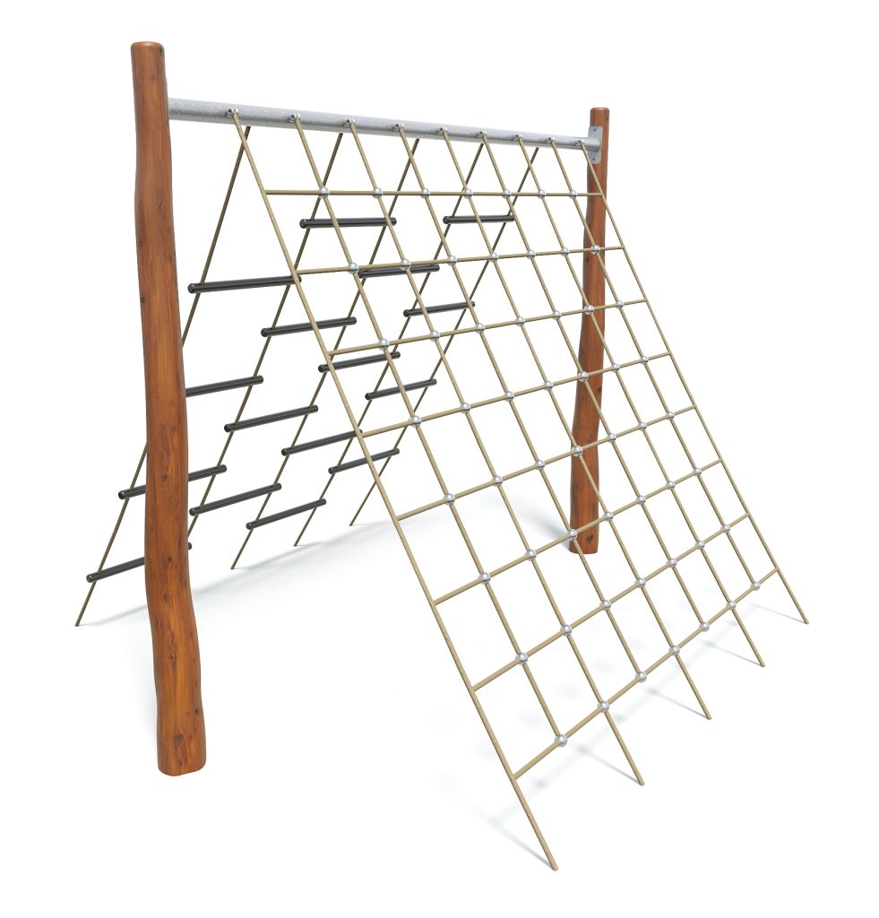 Climbing frame with wooden support beams and rope ladder for children's outdoor play and physical activity. Durable, safe playground equipment suitable for schools and parks.
