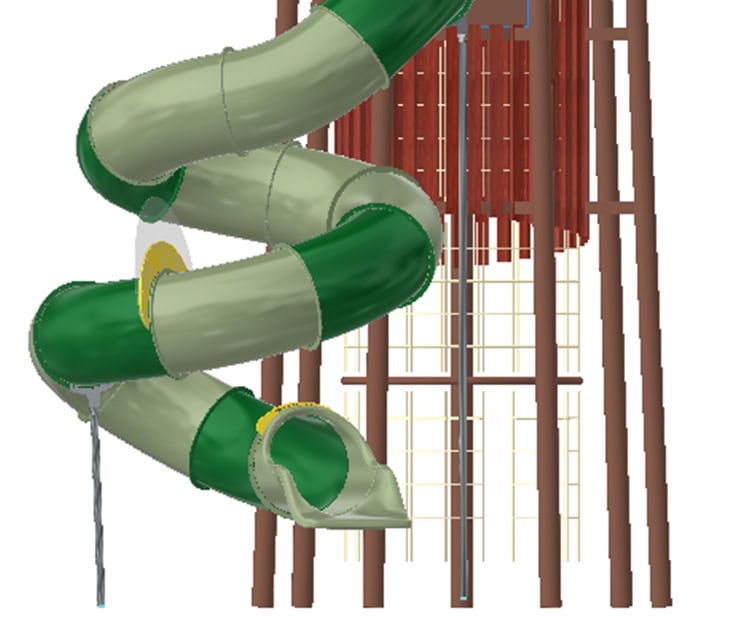 Curved green water slide at outdoor water play structure, tropical-themed playground, family-friendly water park attraction, outdoor adventure water slide for kids and adults perfectly developed for fun and recreation, DG Play water playground equipment.