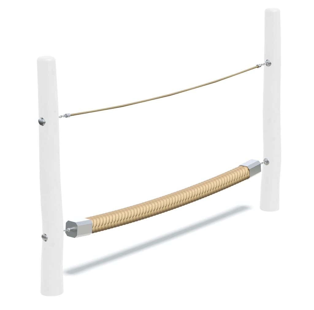 Heavy-duty playground climbing obstacle with vertical posts, rope, and textured roller for children’s outdoor fitness and play area. Durable construction for safe, active fun.