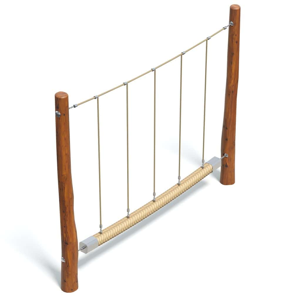 Climbing obstacle for outdoor playground, with wooden posts and rope ladder for kids' physical activity and fun. Ideal for school or park playgrounds, promoting motor skills and coordination.