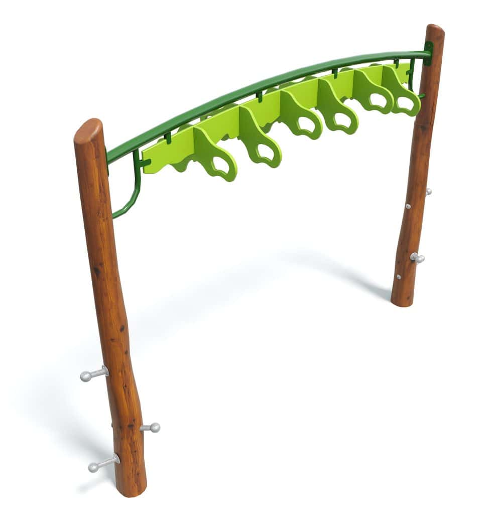 Colorful playground climbing frame with green and brown elements for kids' outdoor play and recreation. Innovative playground equipment designed for children’s entertainment and physical activity.