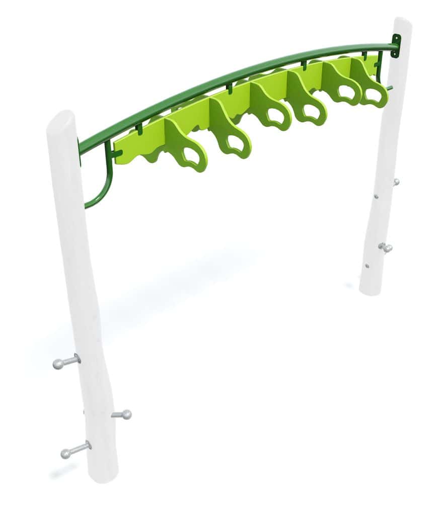 Colorful children's playground climbing frame with green monkey bar attachment and safety design, ideal for kids' outdoor activities and play area entertainment.