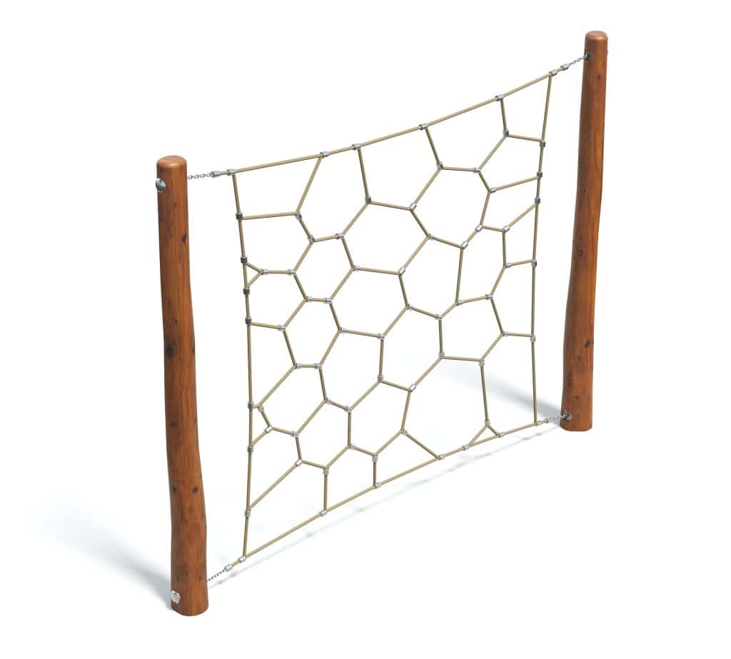 Hexagonal rope climbing net with wooden poles for outdoor playground safety and active play. Durable, eco-friendly, and perfect for children's recreational activity and physical development.