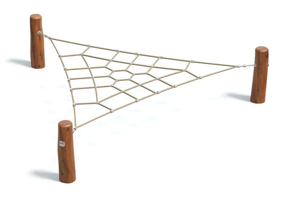 Rope playground climbing net with wooden posts for kids outdoor play and adventure. Durable activity equipment for safe and fun playgrounds, enhancing children's physical activity and coordination skills.