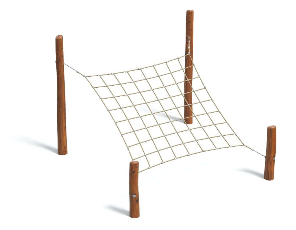Rope climbing net with wooden poles. Durable outdoor playground equipment for children, promoting physical activity, coordination, and motor skills development. Ideal for parks and schoolyards.