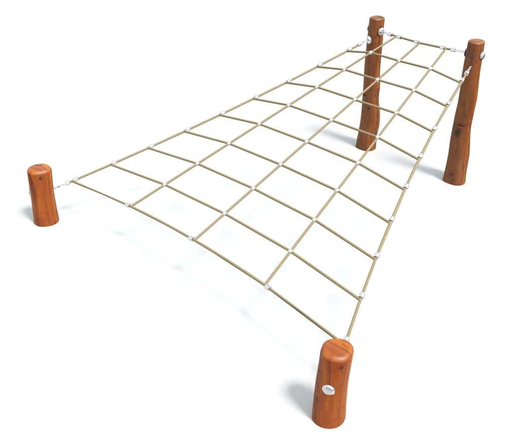 Rope playground climbing frame with wooden support poles, suitable for outdoor kids' play areas, promoting physical activity and balance.