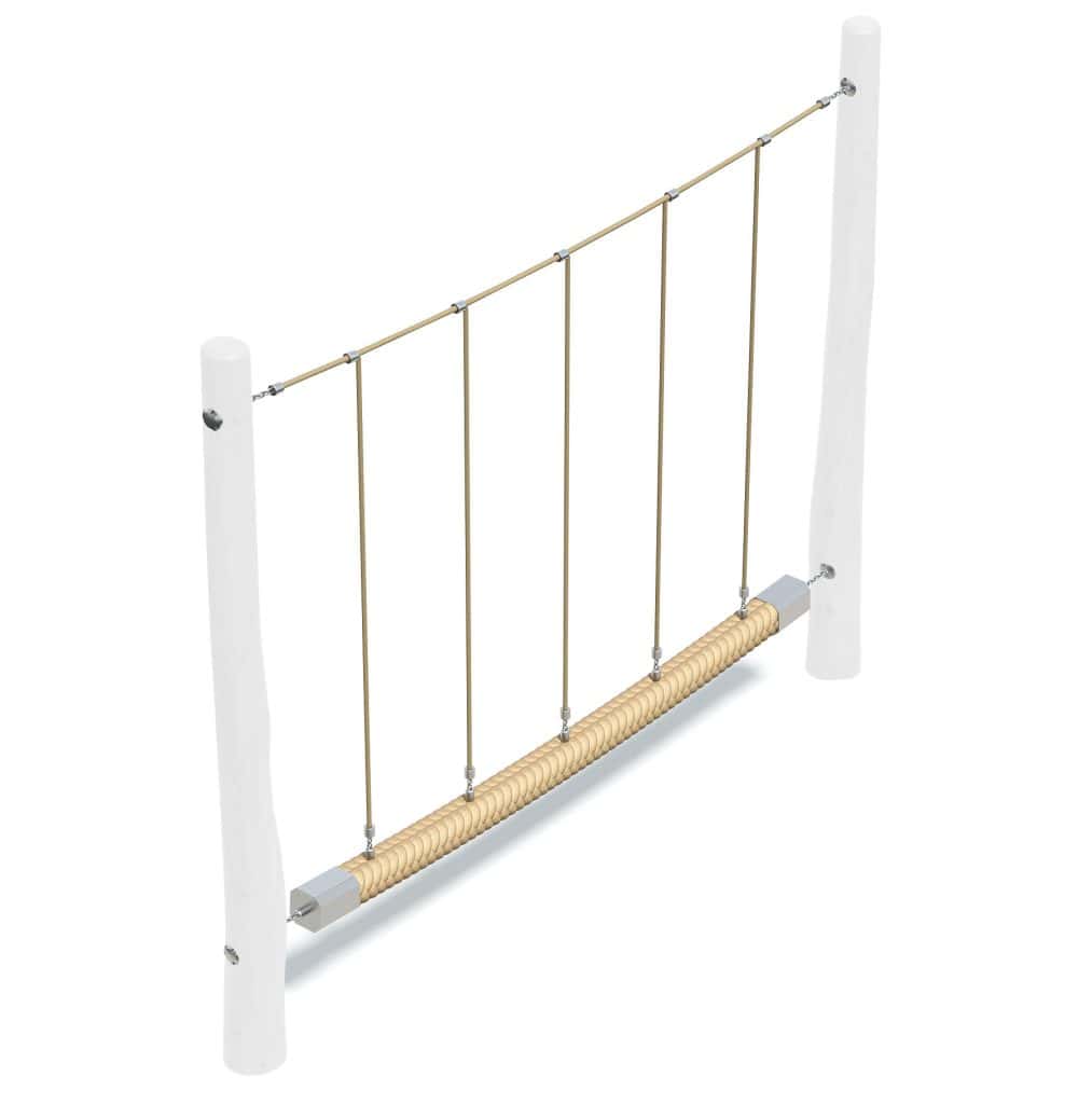 Wooden balancing beam with side supports for children's outdoor playground equipment. Perfect for developing coordination and motor skills. Durable construction with safety features.