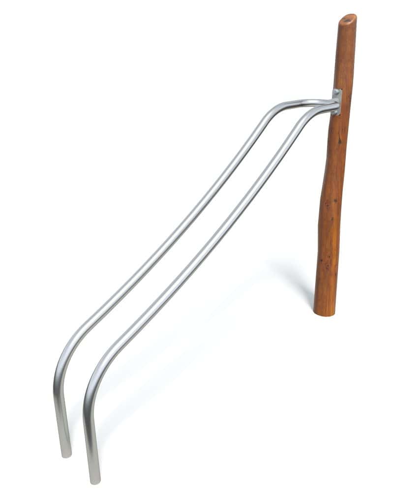 Lightweight outdoor metal ramp with wooden support post for accessibility and mobility assistance. A durable solution for uneven surfaces and steps. Perfect for wheelchair access and elderly mobility.