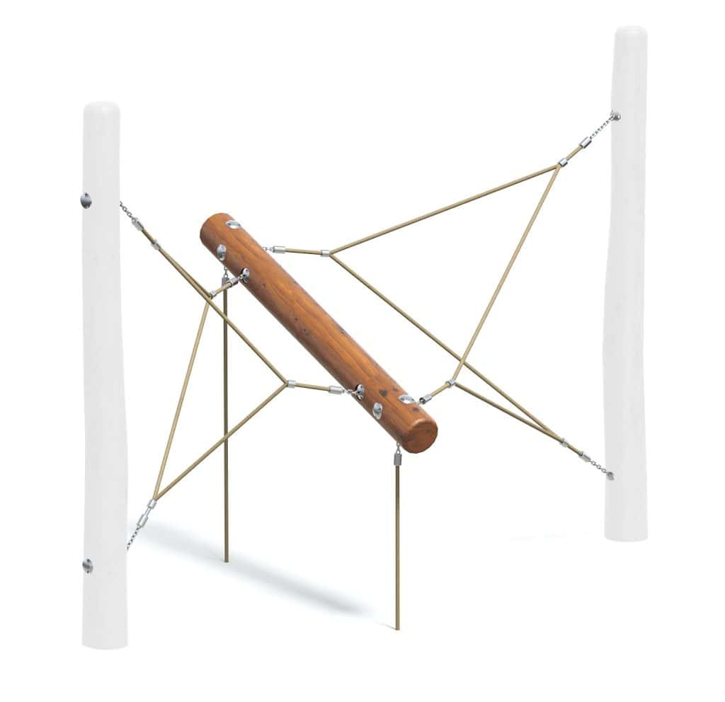 Modern outdoor climbing playground equipment with wood and metal elements for kids' playgrounds and recreational areas.