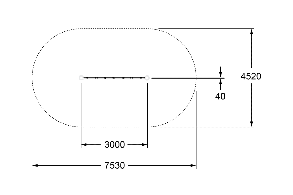 Oval-shaped playground with dimensions for safety and accessibility, featuring a 4.8m wide entrance, ideal for recreational activities, sports, and community events.
